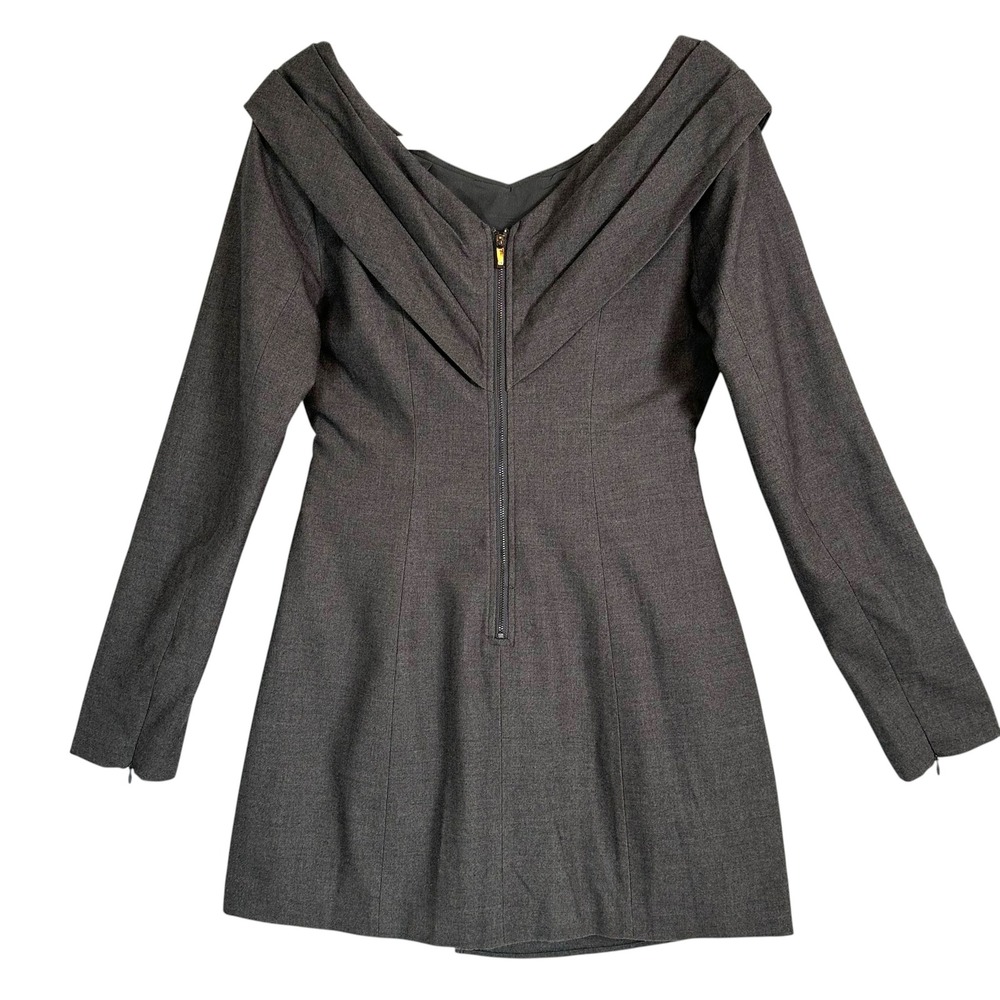 Karen Millen Mini Dress Woven Wool Mix Bardot Draped Off Shoulder Grey 8 Chic - Picture 7 of 12